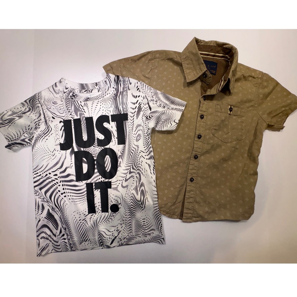 Nike Boys Just Do It Dri-FIT Tee & Day & Age Tan Button Down Shirt Bundle Size 4